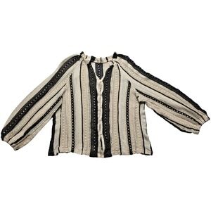 Boho‎ Mixed Knit Cardigan Open Knit Striped Black Cream Women's XL